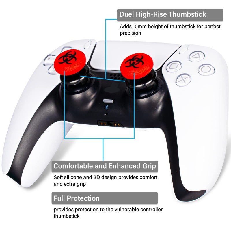 Playrealm FPS Thumbstick Extender & 3D Texture Rubber Silicone Grip Cover 2 Sets for PS5 Dualsenese & PS4 Controller(BioH Red) - Image 2